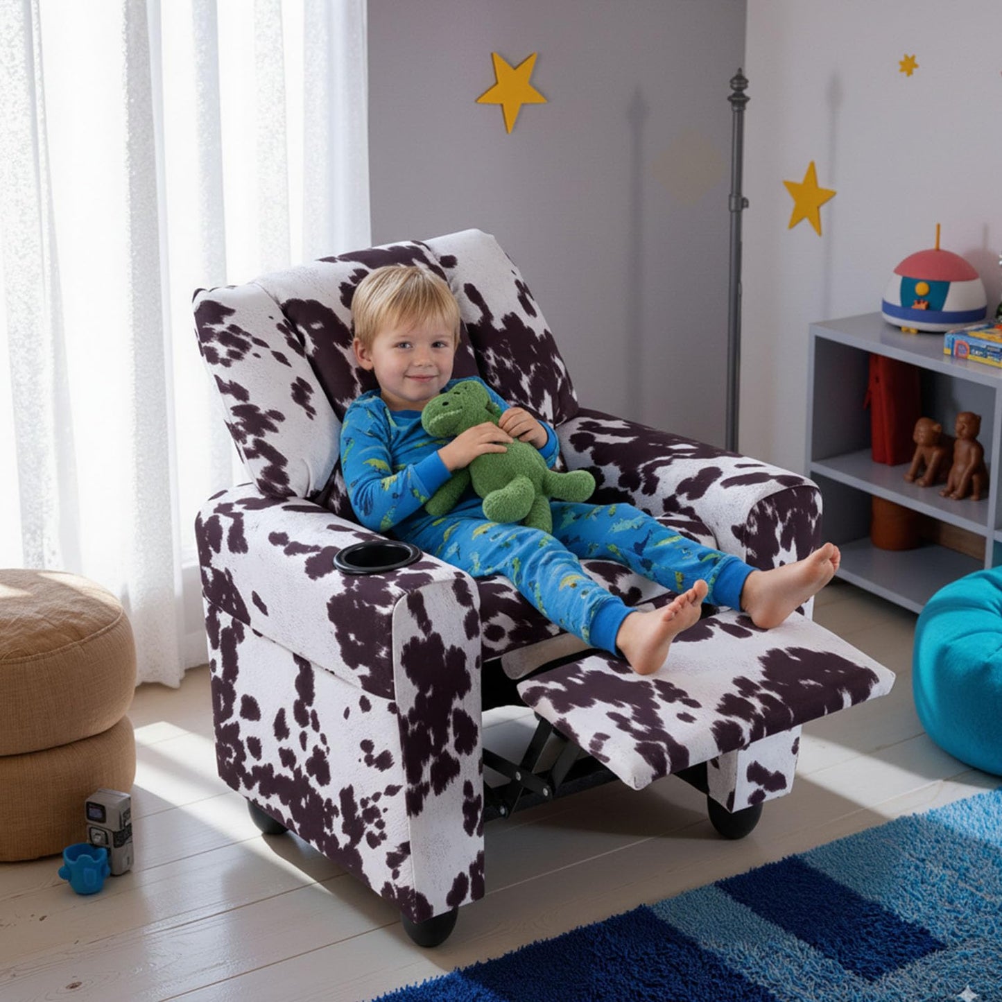 GLACER Kids Recliner with Cup Holder, Velvet Toddler Lounge Chair w/Adjustable Backrest & Footrest, Spring-Loaded Seat Cushion, Push Back Toddler Sofa for Boys & Girls Ages 3+ Years Old (Cow)