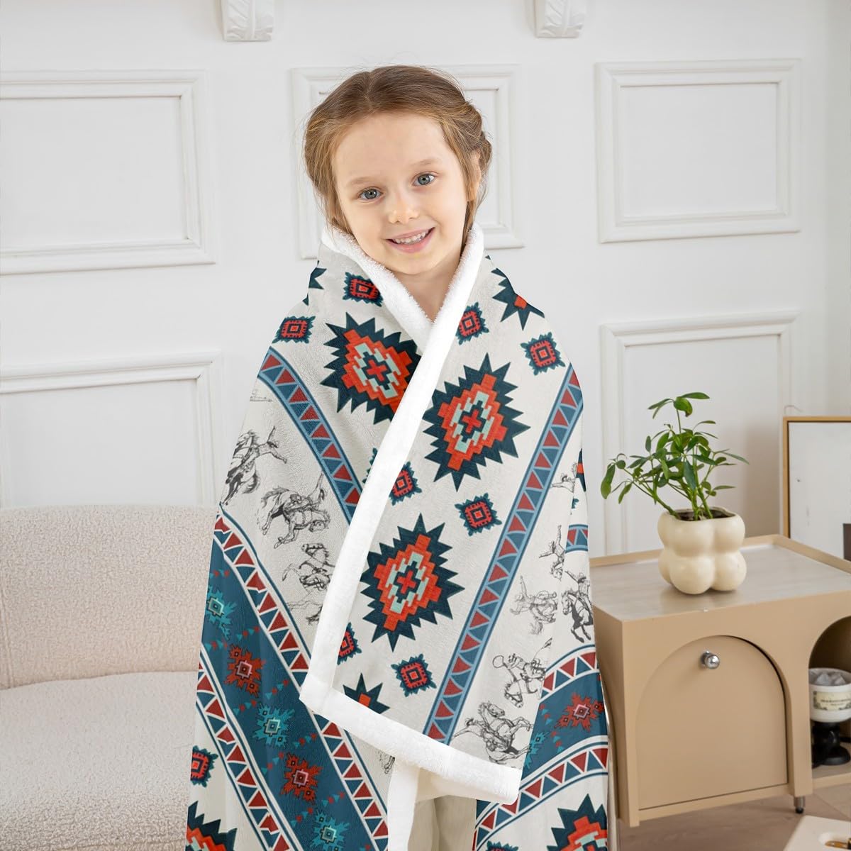 Feelyou Western Cowboy Sherpa Throw Blanket for Couch Southwestern Aztec Pattern Super Cozy Fleece Ranch Farmhouse Blanket for Winter, Plush Throw Horse Riding Design 40"x50" Teal and Red All Season
