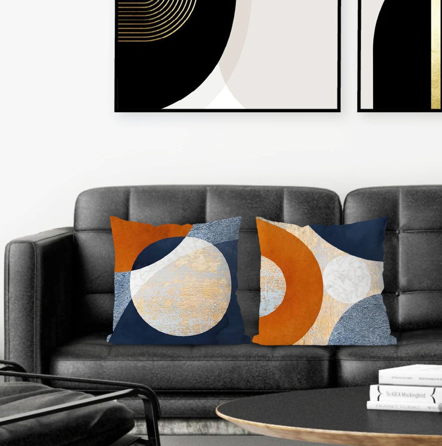 Supwhd Abstract Modern Boho Pillow Covers 18x18 Set of 2, Navy Blue Orange Gold Textured Circles Decorative Pillow Covers for Bedroom Living Room, Modern Home Decor