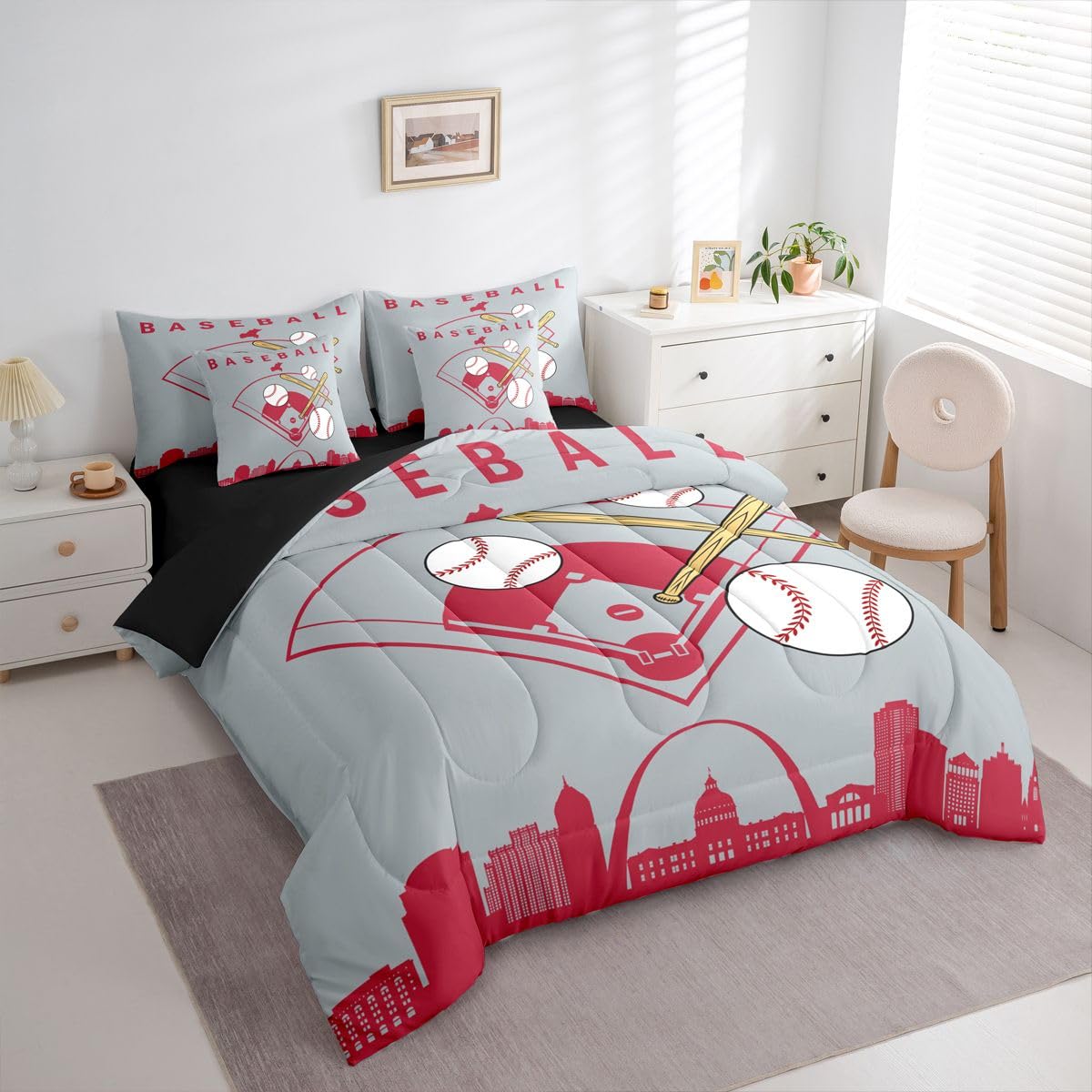 Erosebridal Teens Baseball Full 7 Piece Bedding Set Sporta Games Bed in A Bag City Building Silhouette Comforter Set for Kids Boys Youth Men Bedroom Decor Baseball Bat Sheet Sets