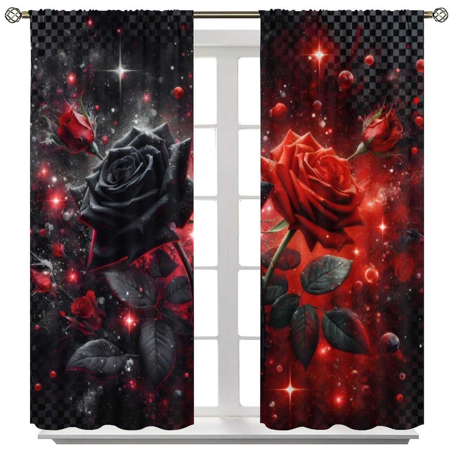 GoDazzling Red Rose Curtains, Valentine's Day Red Rose Abstract Modern Art Black Red Vintage Window Drapes, for Bedroom Living Room 41" W X 45" L (No Blackout)