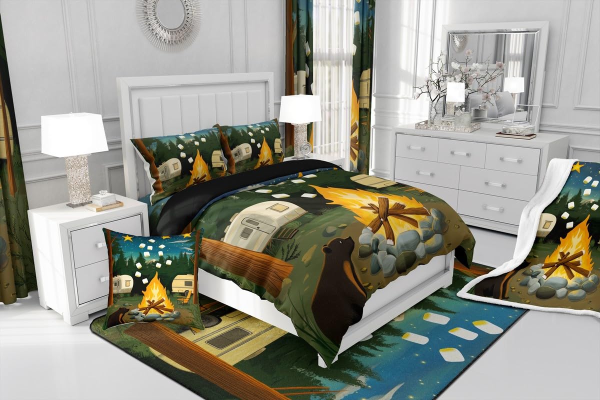 Erosebridal Rv Camper Bedding Sets King,Happy Camping Comforter Set for Kids Adults Wild Campfire Duvet Insert Rustic Starry Night Quilt