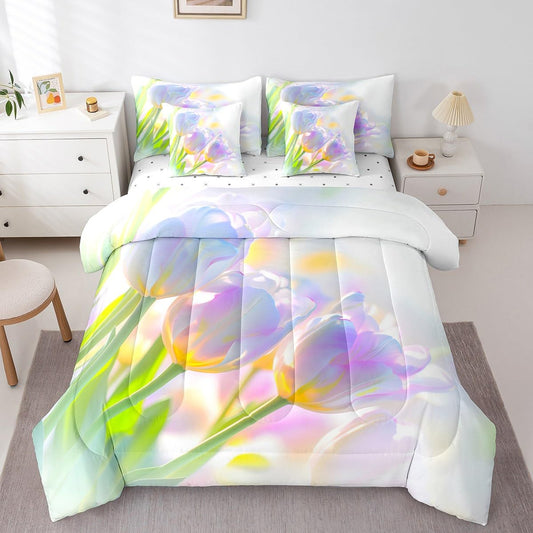 Erosebridal Tulip Bed in A Bag,Fresh Spring Flowers Bedding Set Watercolor Floral Twin Comforter Set 7 Piece Purple Tulip Dreamy Plants Sheet Set with Comforter for Kids Boys Girls Room Decor