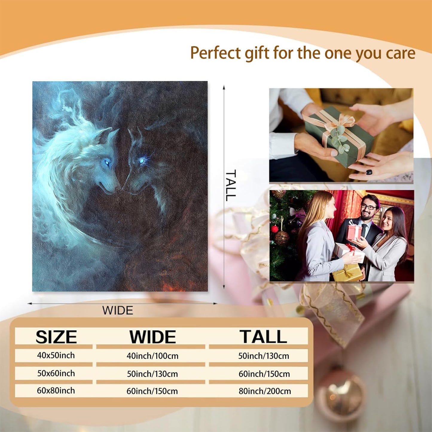 Wolf Fire and Ice Throw Blanket Gifts for Kids Women, Soft Warm Fantasy Wolf Flannel Blankets for Living Room Sofa Home Bedroom Decor 50" x 60"