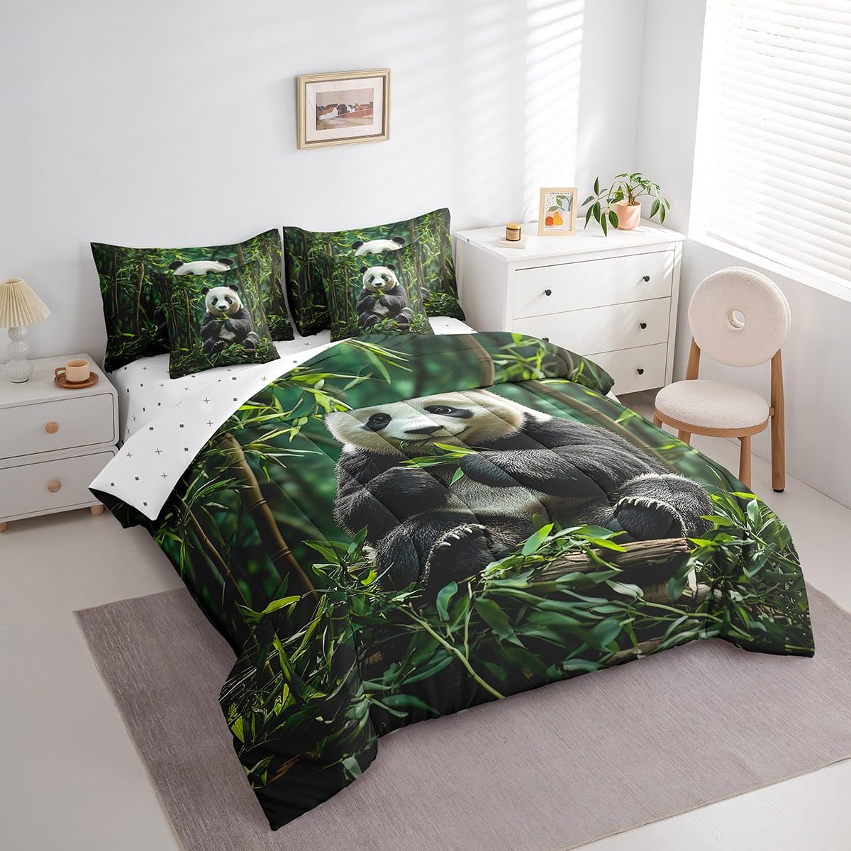 jejeloiu Cute Panda Comforter Set 7 Pieces Full Size Kids Panda Bear Printed Bed in a Bag for Boys Girls Animal Bedding Set Wild,Comforter + Sheets + Pillowcases + Cushion Covers