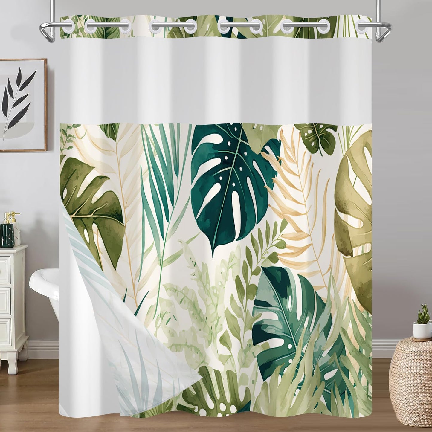Sage Green Tropical Leaves Shower Curtain and Liner Set, Monstera Palm Leaf Botanical Design Bathroom Curtains, Waterproof Double Layers Fabric No Hook Shower Curtain with Top Mesh Window, 71x74 Inch