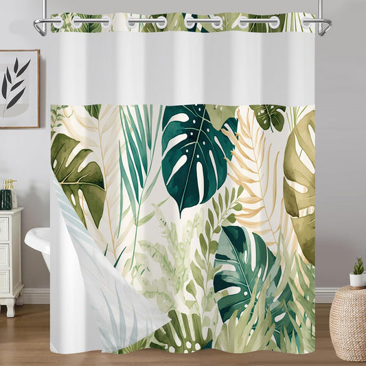 Sage Green Tropical Leaves Shower Curtain and Liner Set, Monstera Palm Leaf Botanical Design Bathroom Curtains, Waterproof Double Layers Fabric No Hook Shower Curtain with Top Mesh Window, 71x74 Inch
