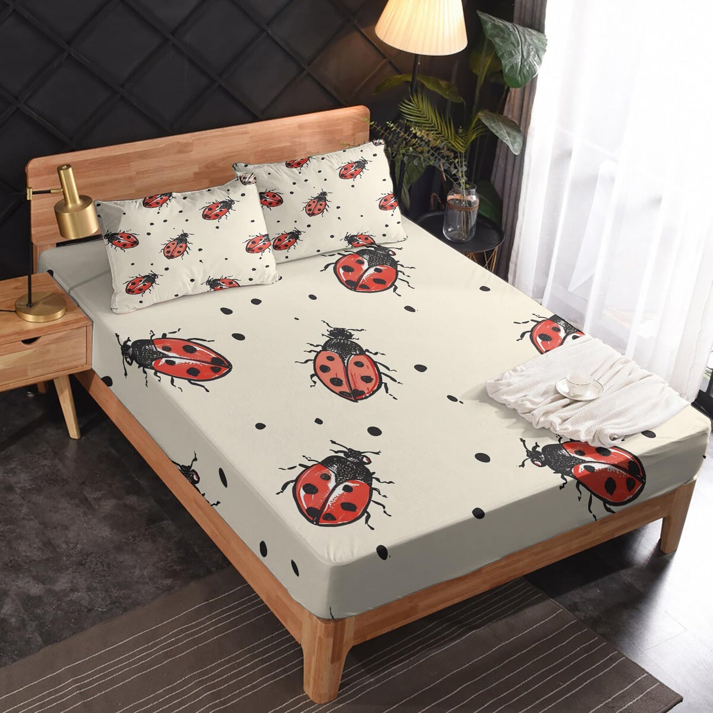 Rejkxyw King Size Sheets Set Ladybug - Insect Bed Sheets - Ladybugs Sheet Set - 12 Inch Deep Pocket - Ultra Soft Winkle Free Microfiber Bedding Sheets & Pillowcases 4 Piece