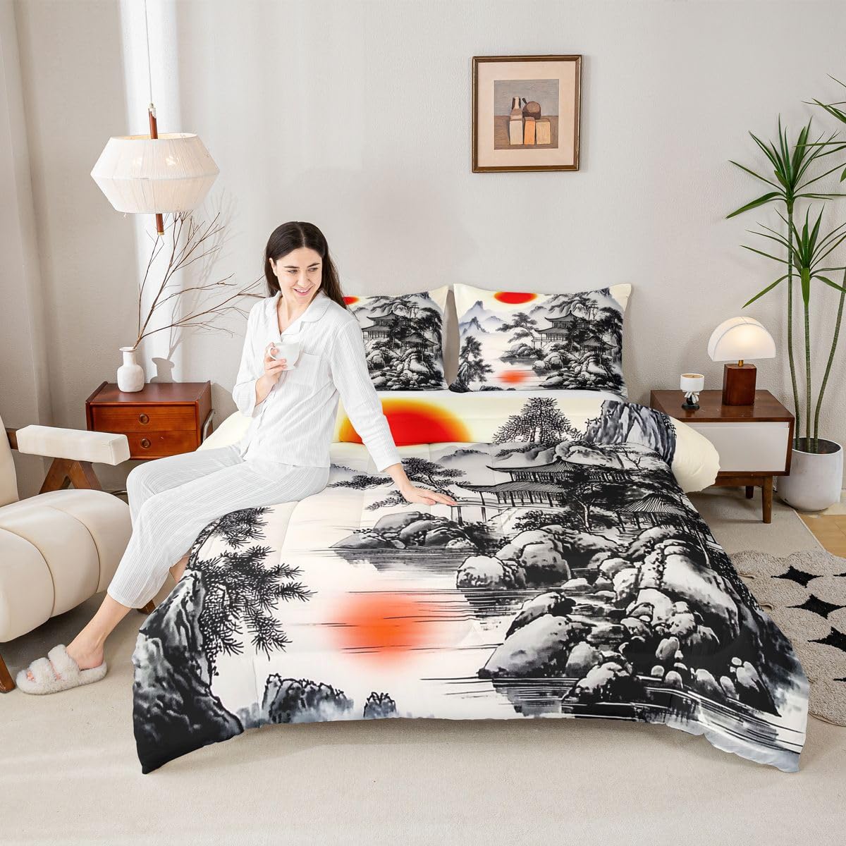 jejeloiu Chinese Ink Painting Kids Comforter Set Queen Size Japanese Style Bedding Set Red Sun Duvet Quilt for Kids Boys Girls Bedroom Mountain Decor Microfiber Ultra Soft Breathable