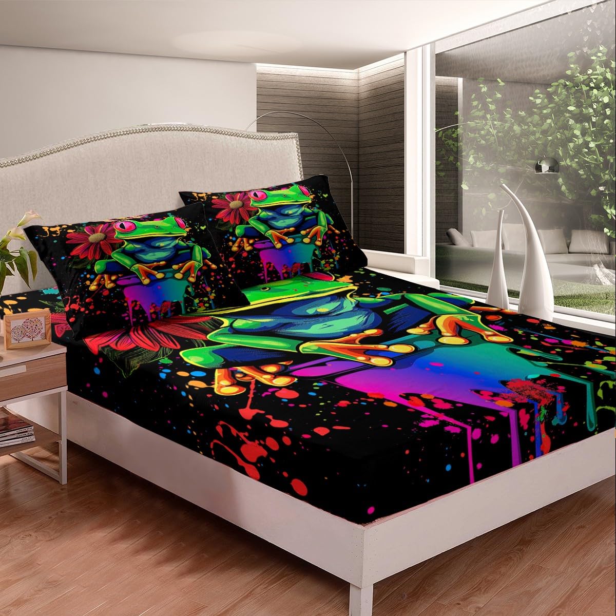 Erosebridal Tie Dye Frog Bedding Full Size,Rainbow Graffiti Style Sheet Set for Kids Boys Girls Teens,Rose Flower Cartoon Animal Bed Sheets,Microfiber Floral Decor Bed Sheet Soft with Deep Pocket