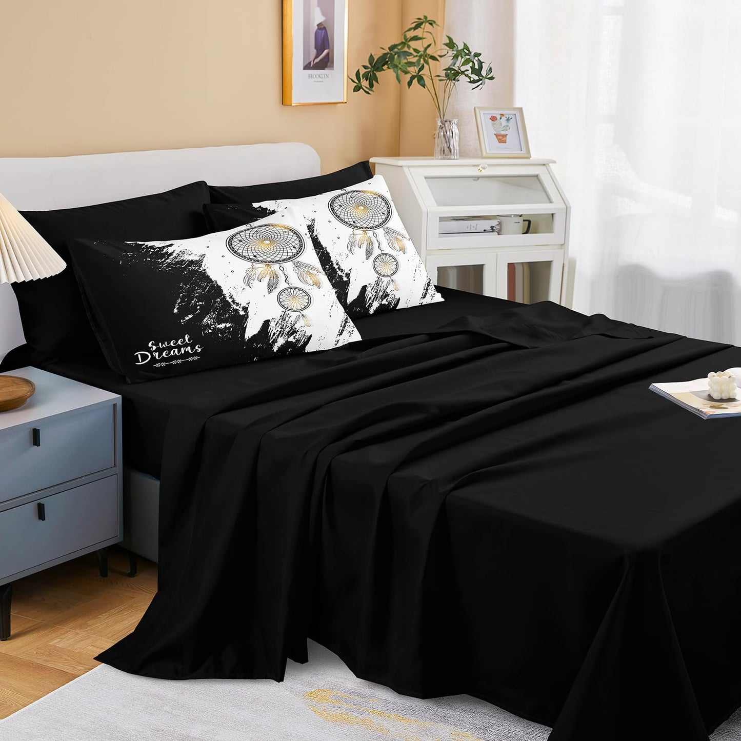 Bedbay Dream Catcher Comforter Set 8 Pieces King Size Comforter with Sheets Mandala Boho Bedding Soft Quilt Set Abstract Marble Texture Black White Queen Bed in a Bag for Boys Girls Teen Adults