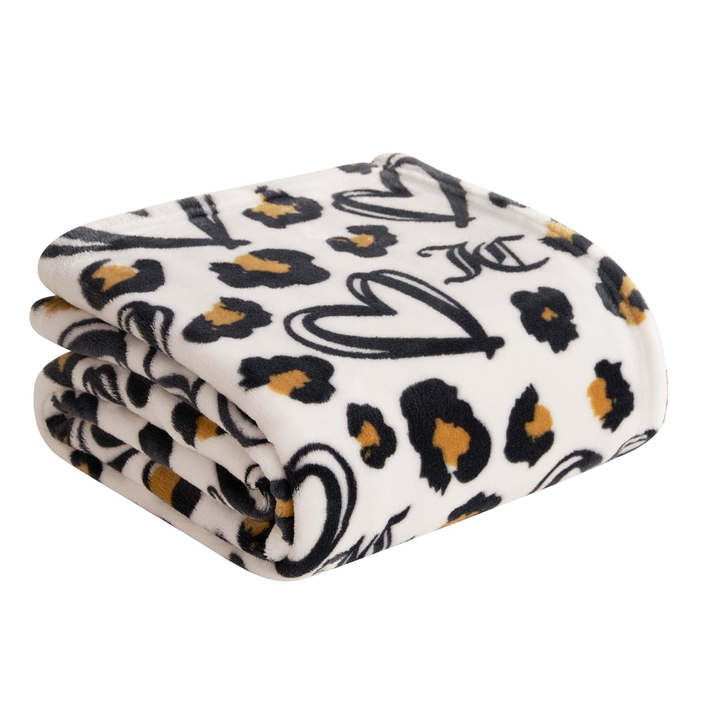 Juicy Couture Doodle Cheetah Heart 50" x 70" Plush Throw Blanket, White - Decorative Blankets for Sofas, Throws for Chairs, and Beds