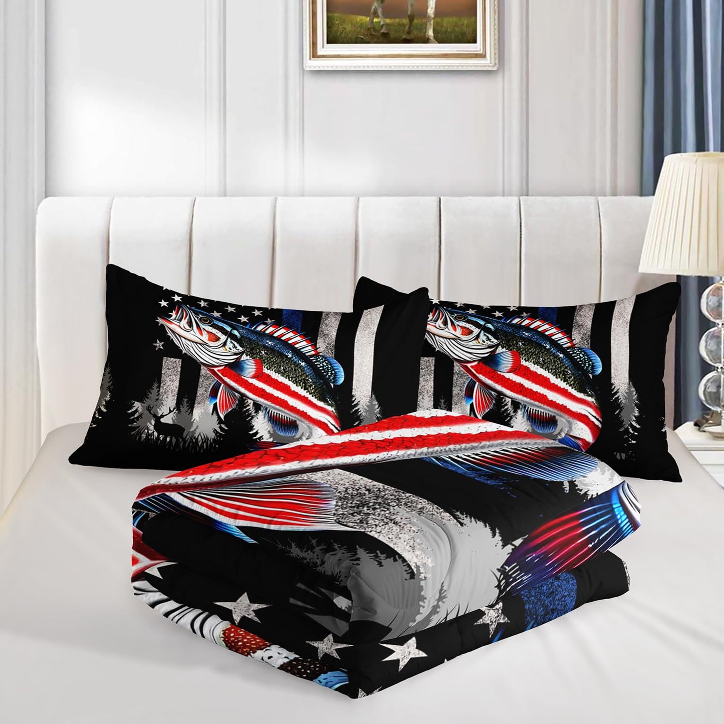 HOSIMA Soft Microfiber Black Full Size Comforter with 2 Pillowcases,American Flag Striped Bass Pattern Bedding Sets,Fishing Comforter Kids Men Boys Room Decor,Bed in a Bag Full Size for Teens.