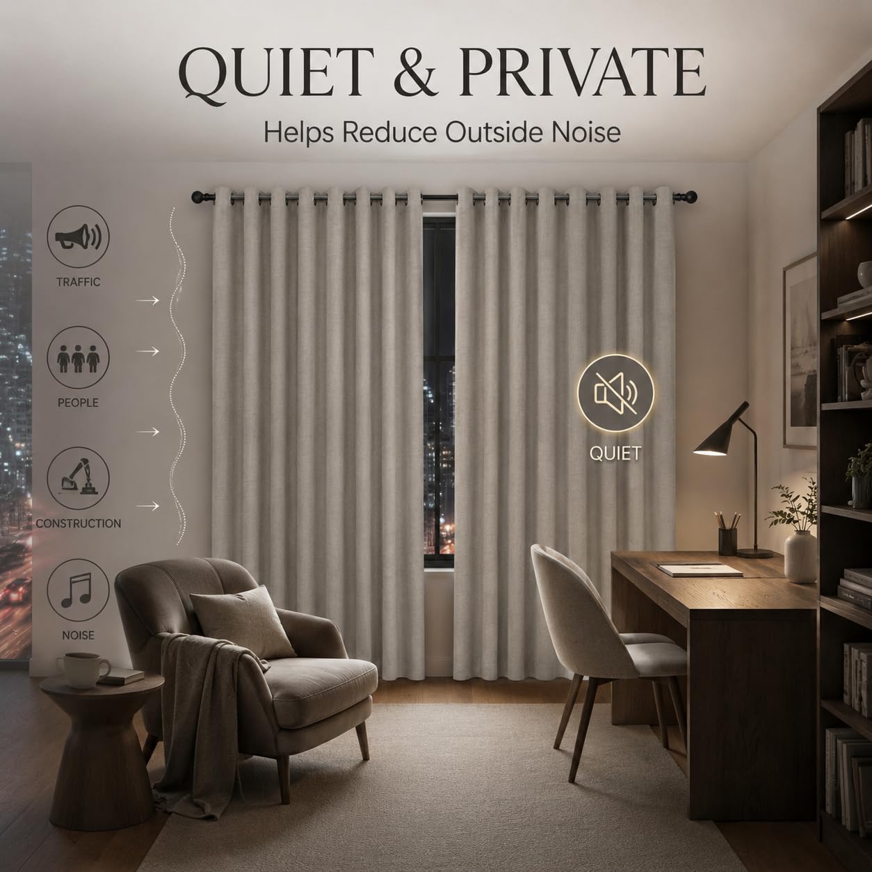 Fchozu 100% Blackout Curtains Set of 4 Panels, Grommet Drapes, Thermal Insulated and Noise Reducing Room Darkening Curtains for Bedroom Living Room