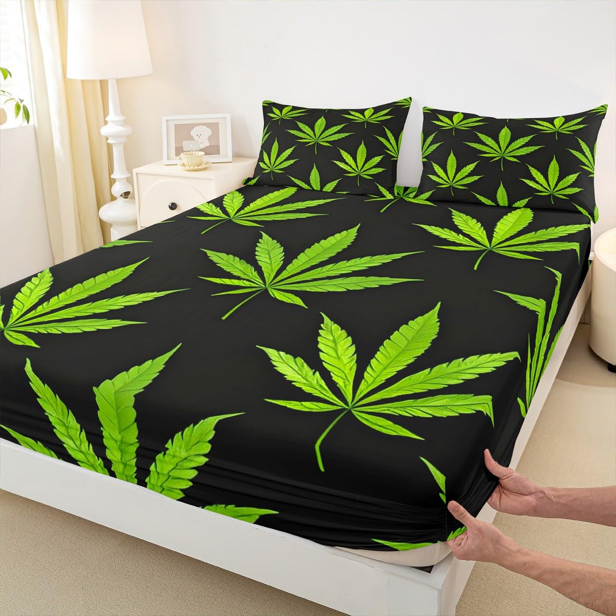 Erosebridal Boho Plant Leaves Fitted Sheet, Adult Bohemia Leaves Bed Sheet, Exotic Leaves Rustic Bedding Set Full Size, Soft Microfiber Bed Cover Wrinkle Bedclothes, Green Black(No Top Sheet)