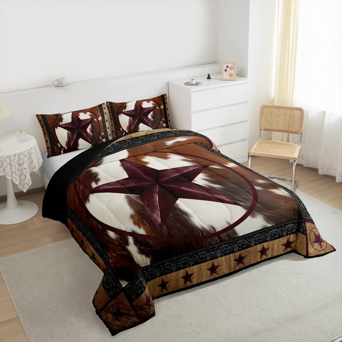 jejeloiu Western Texas Star Comforter Set Queen Size Cowhide Bedding Set for Kids Boys Girls Farmhouse Rustic Duvet Quilt Cow Fur Print Bedroom Decor Microfiber 3 Pcs with 2 Pillow Cases