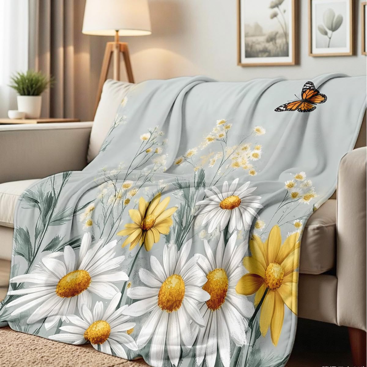 HUNXIAOJ Printed Bed Throw Blanket Butterfly and Daisy Flower Soft Flannel Blanket for Couch Bed Floral Throw for Living Room Office Home Decor (49"x59")