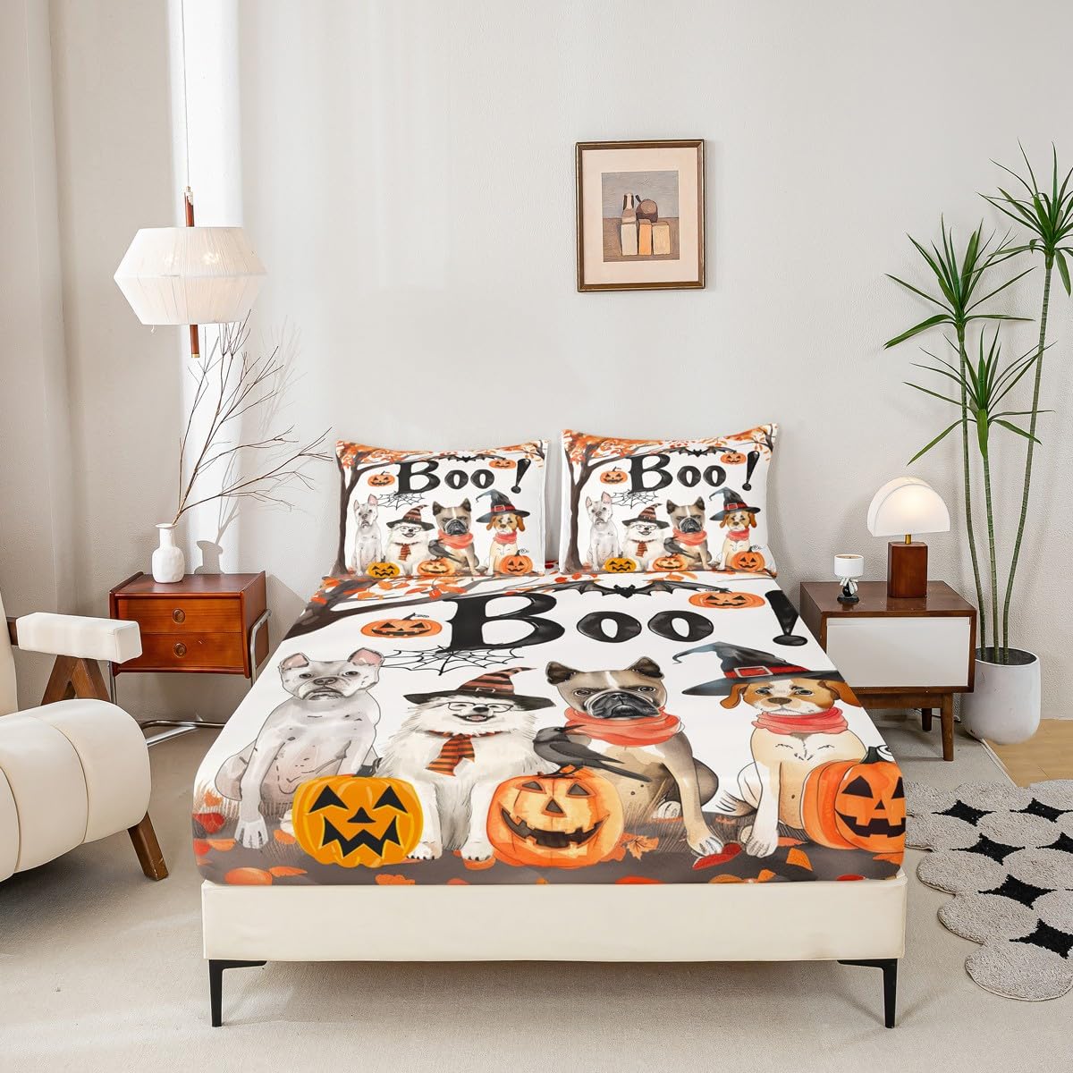 Feelyou Halloween Fitted Sheet Full Size for Kids Boys Girls Pumpkin Bed Sheets Set 16" Deep Pocket Soft Breathable Microfiber Maple Fall Leaves Bedding with 2 Pillowcases Spider Web Room Decor