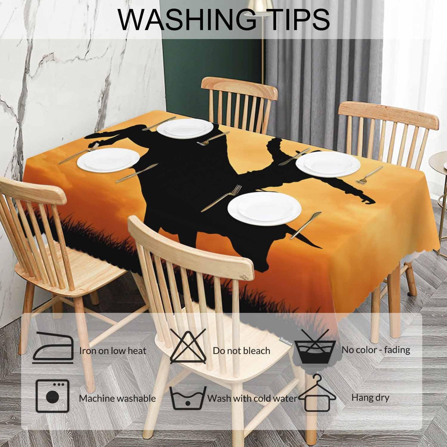 Beabes Bull Rider Table Cloth Rectangle Table 52"X70", Western Cowboy Bucking Bull Sunset Wipeable Table Cover for Dinner Kitchen, Outdoor Tablecloth for Party Banquets Weddings
