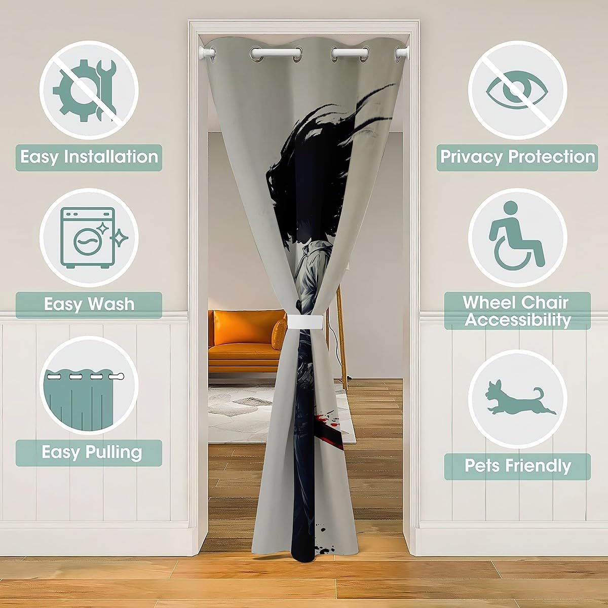 jejeloiu Kids Afro Samurai Door Curtain for Doorway Privacy 34" x 80" Anime 30%-50% Room Darkening Blackout Japanese Style Window Treatments