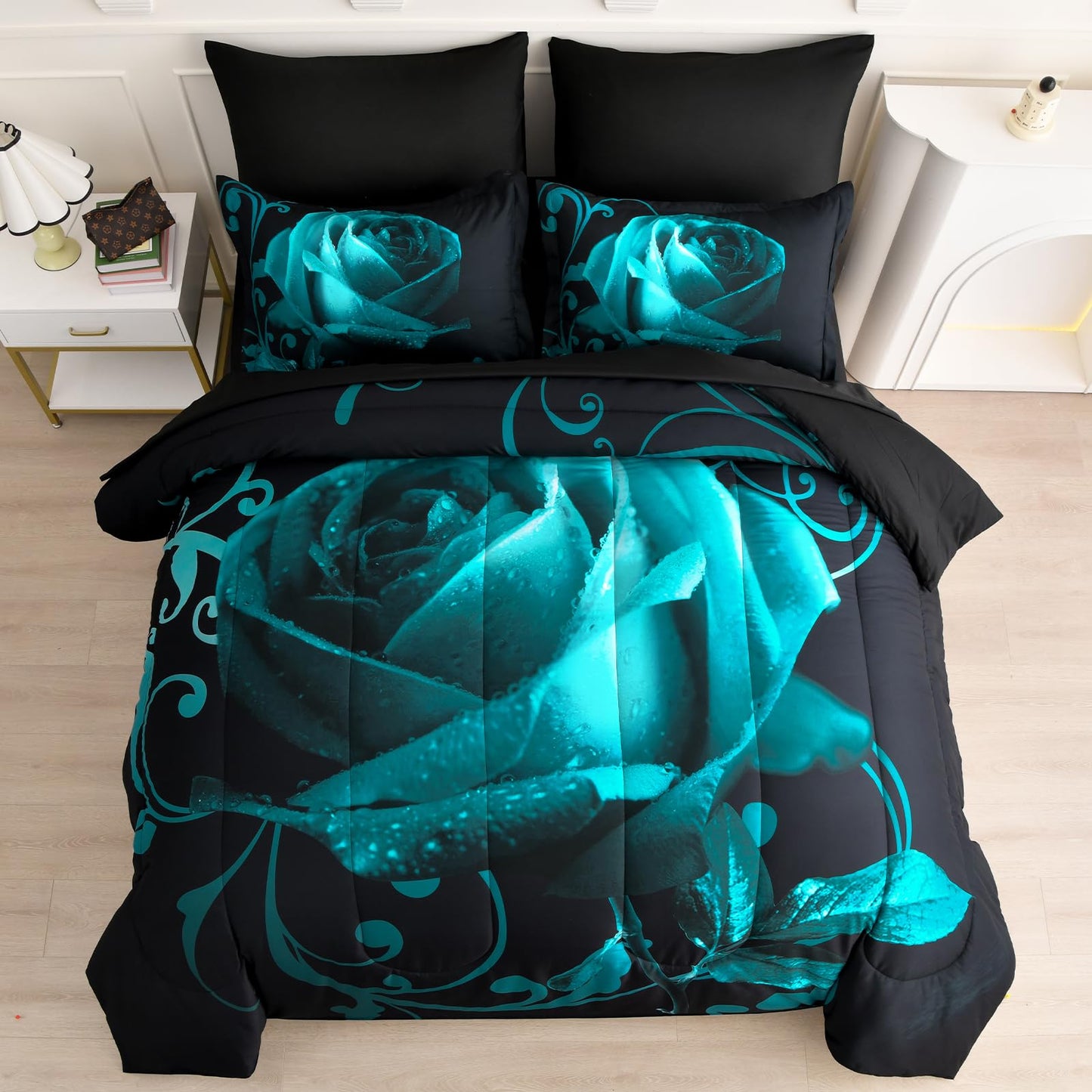 WONGS BEDDING Teal Green Comforter Set King, Reversible Rose 7 Pieces Bed in a Bag, Lightweight Soft Microfiber Bedding Sets with Flat Sheet, Fitted Sheet, Pillowcases & Shams