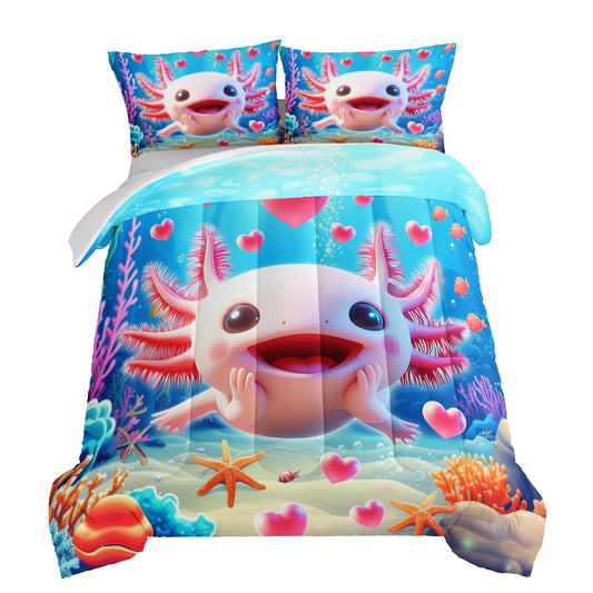 HOSIMA Axolotl Boys Queen Size Bedding Set,Axolotl Swimming on Ocean Floor Surrounded by Hearts and Fish,Water Plants and Corals Print Ocean Comforter Set for Girls Room Decor with 2 Pillowcases.
