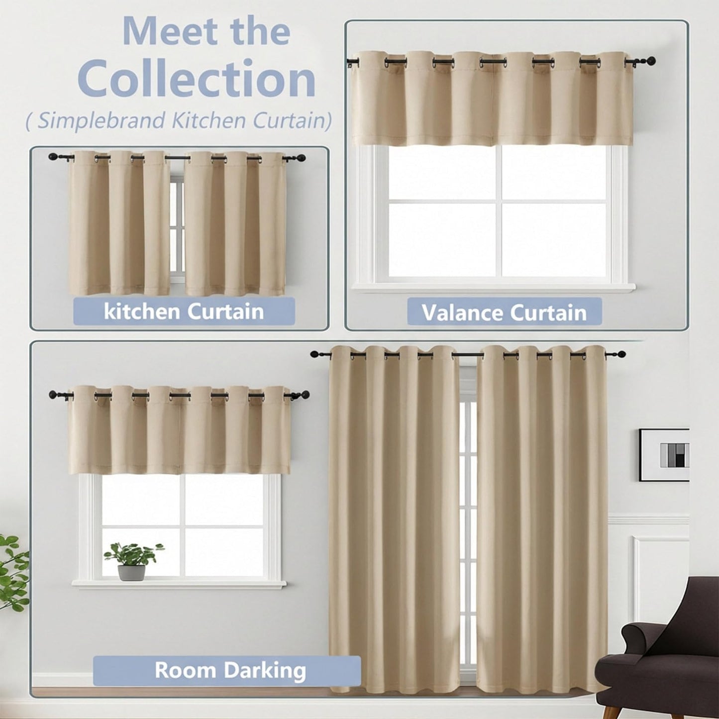 Simplebrand Biscotti Beige Room Darkening Curtains for Bedroom 63 Inch Length 2 Panels Set, Thermal Insulated Energy Saving Curtains for Kids Room, Solid Nursery Window Treatment Drapes, W40 x L63