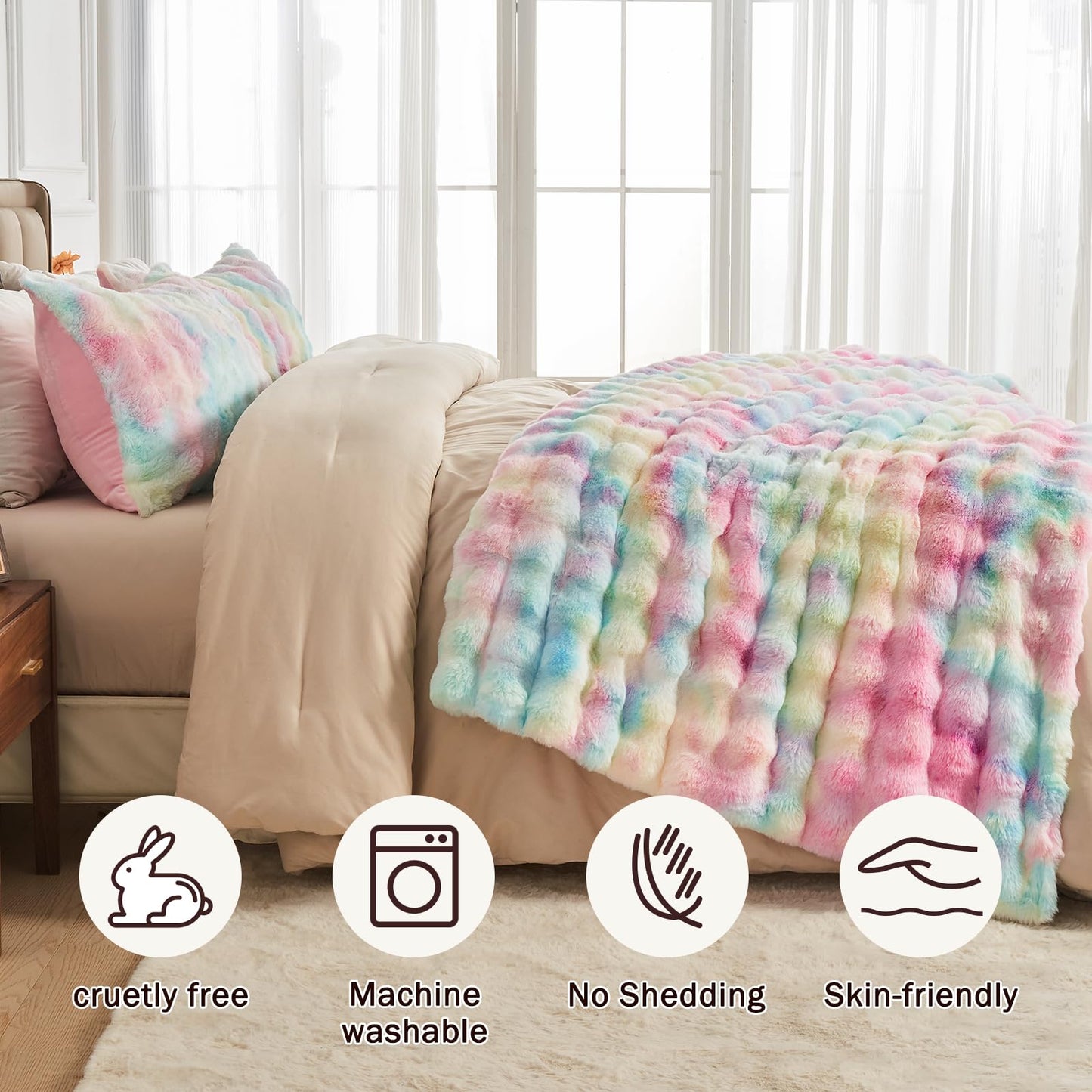 EMME Faux Fur Blanket King Size Rainbow - Big Bubble Rabbit Cozy Blanket for Couch, Thick Furry Plush Shaggy Blankets, 650GSM, 108x90 Inches