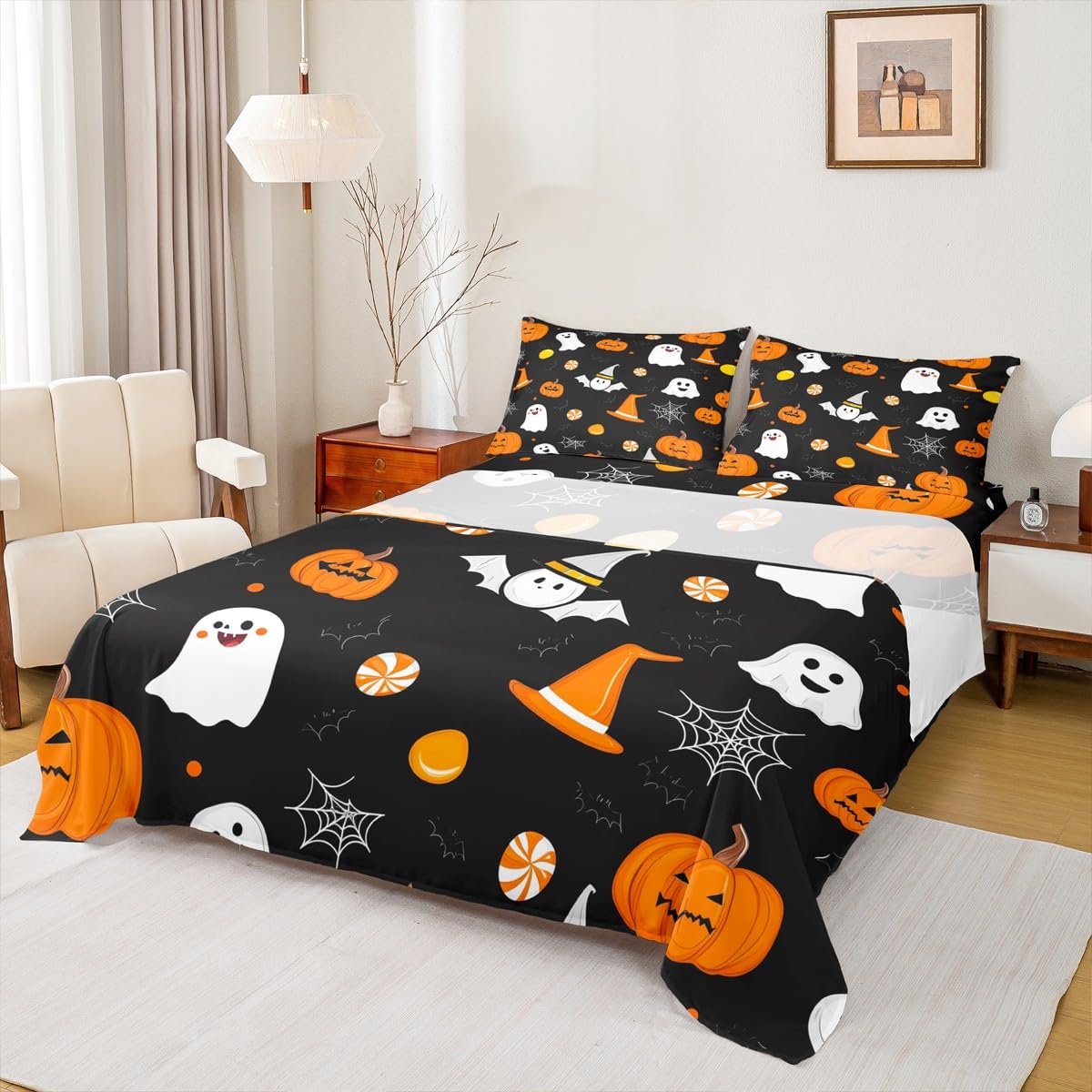 Feelyou Happy Halloween Bed Sheets Sets Twin Size Kids Boys Girls Cute Ghost Pumpkin Bedding Set Orange White Black Bed Sheet Set with 16-Inch Deep Pockets Cobweb 3Pcs with 1 Pillow Cases