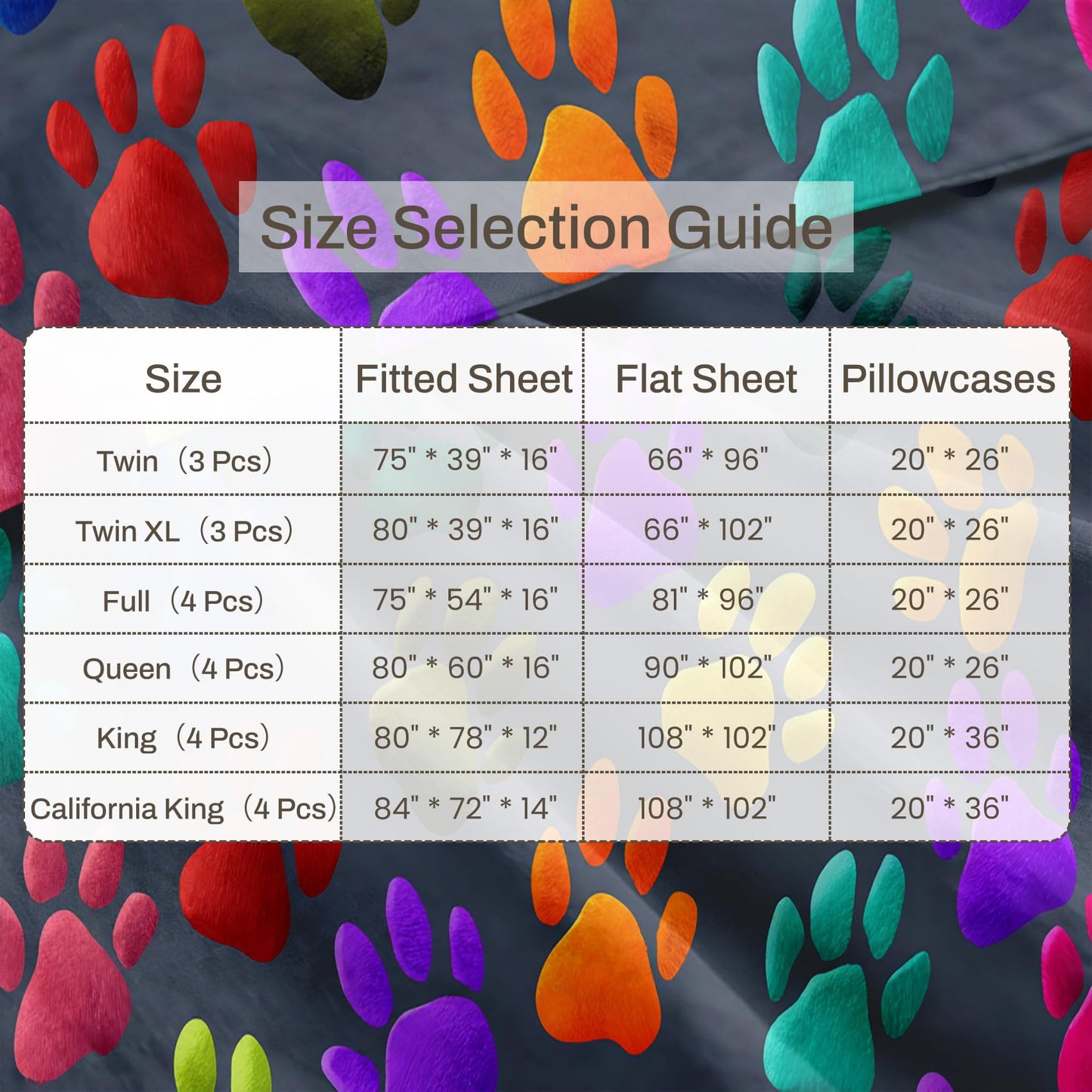 Dog Paw Sheet Set, 4 Pcs Queen Size Cat Paw Bed Sheets, Gray
