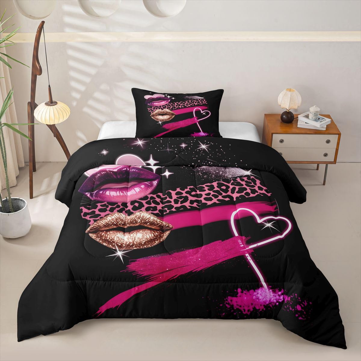 Erosebridal Black Pink Lip Comforter Set Pink Leopard Twin Bedding Sets for Girls Teen Boys Lips Print Comforter Romantic Girly Quilt