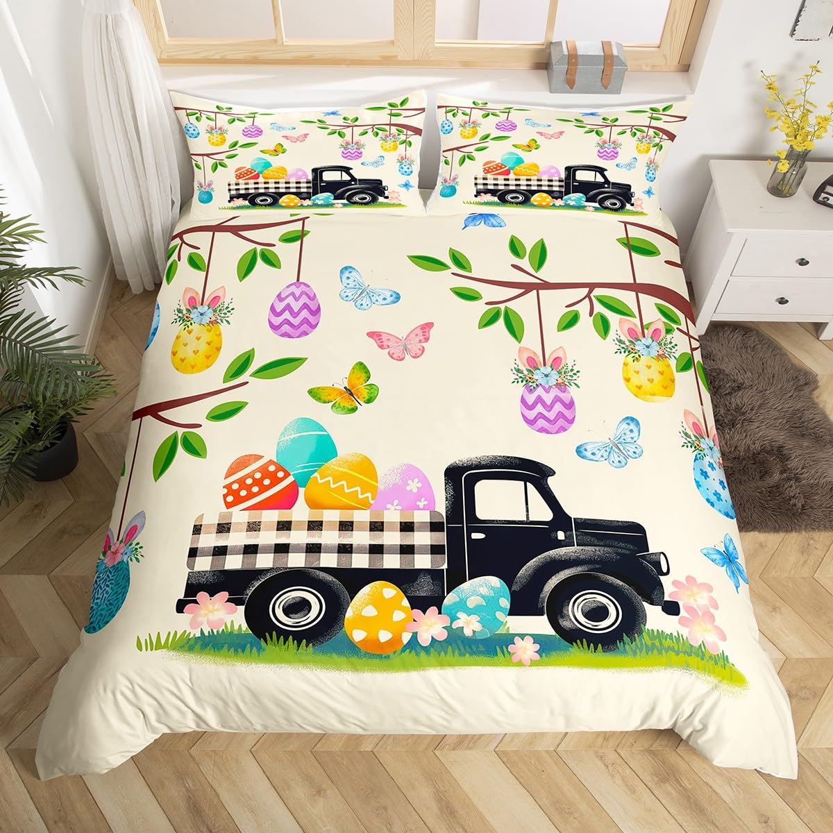 Easter Eggs Duvet Cover Black and White Buffalo Plaid Truck Bedding Set Happy Easter Themed Easter Egg Rabbit Comforter Cover Queen,Green Leaves Tree Branches Kawaii Room Decor Easter Decorations