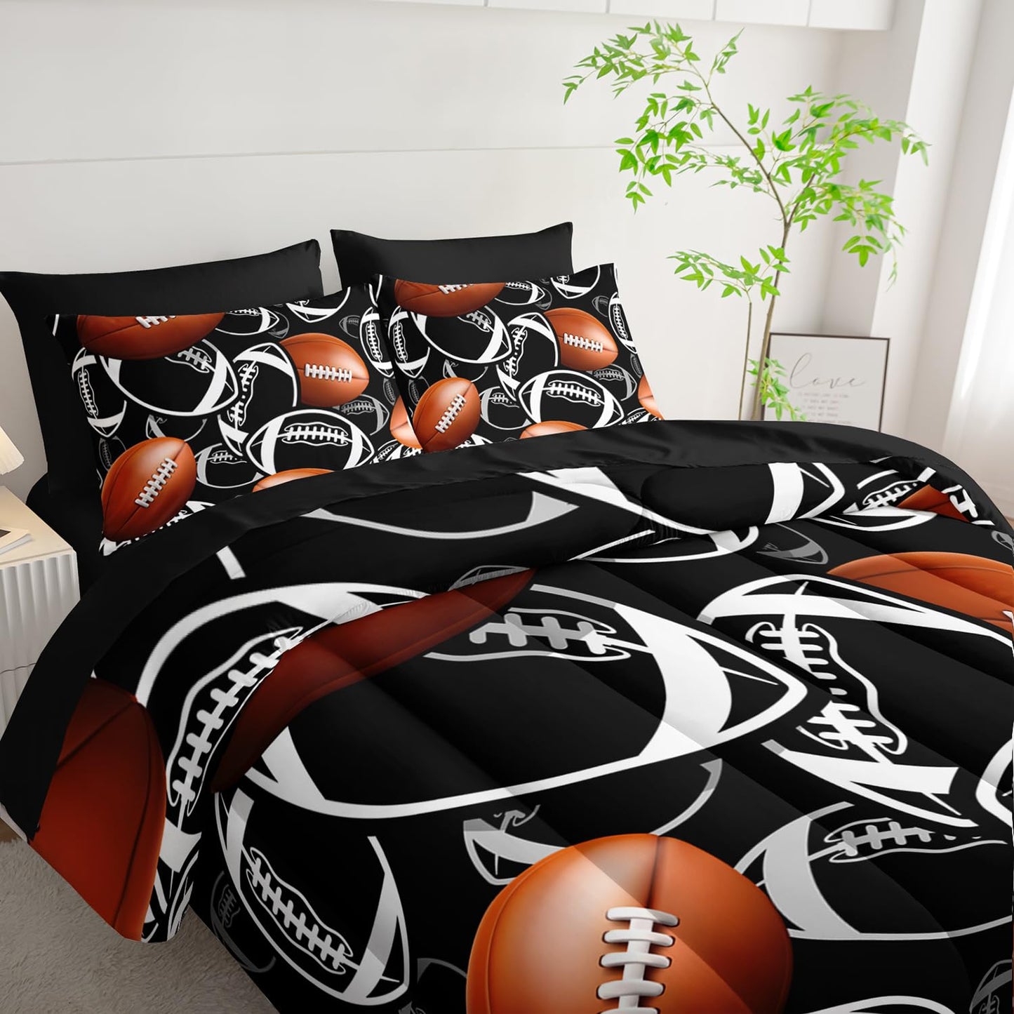 XYNHML Cartoon Rugby Comforter Set 7Pcs Sports Brown Rugby American Football Bedding Set for Kid Teen Girl Boy Black White Rugby Quilt Bed Decor Twin with 2 Sheets,2 Pillowcases,2 Throw Pillow Covers