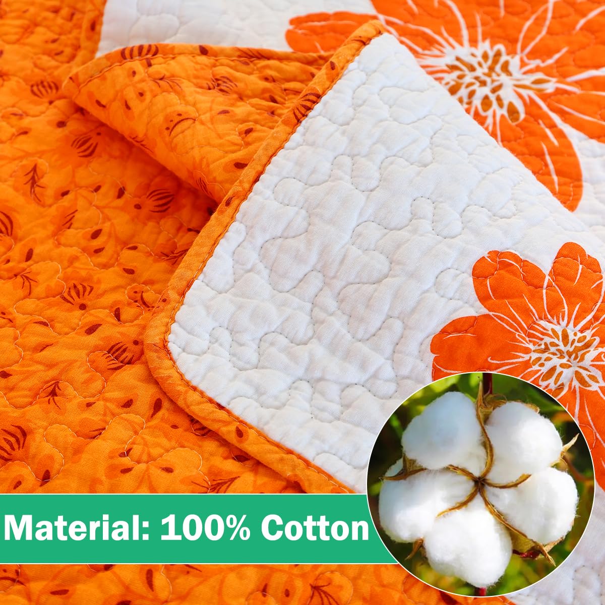 EVENHUG 100% Cotton Quilt Queen Size Orange Sunflower Bedding Set Floral Lightweight Full Quilt Reversible Coverlet Bedspread with 2 Pillow Shams All Seasons 3 Pieces (92"x96")