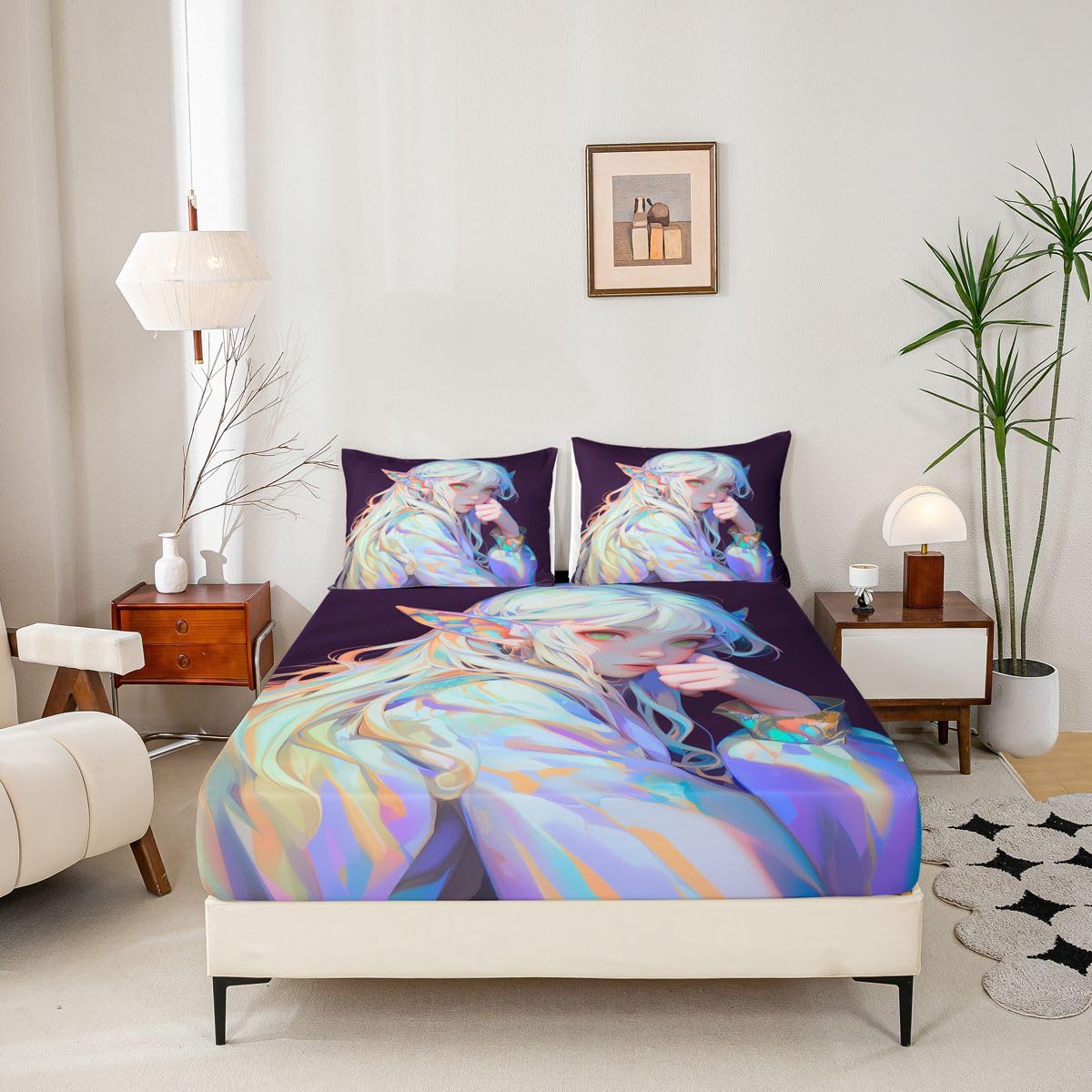 Anime Girl Bed Sheets 3D Japanese Bedding Set Kawaii Girly Fitted Sheet with Deep Pocket, Anime Lovers Gifts Fitted Bed Sheets Soft Lightweight Sheets for All Season, Twin 2Pcs