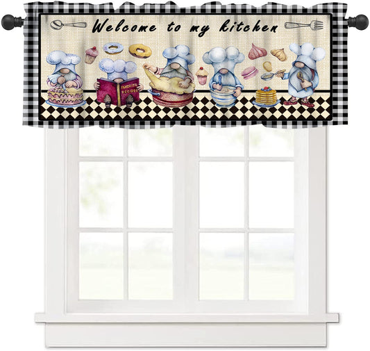 AAVEUP Chef Valance Curtains for Kitchen,Vintage Rustic Plaid Brown Cake Dessert Genie Window Valances Short Panel Blackout Treatment Drapes for Bathroom Bedroom Restaurant 54x 18 in