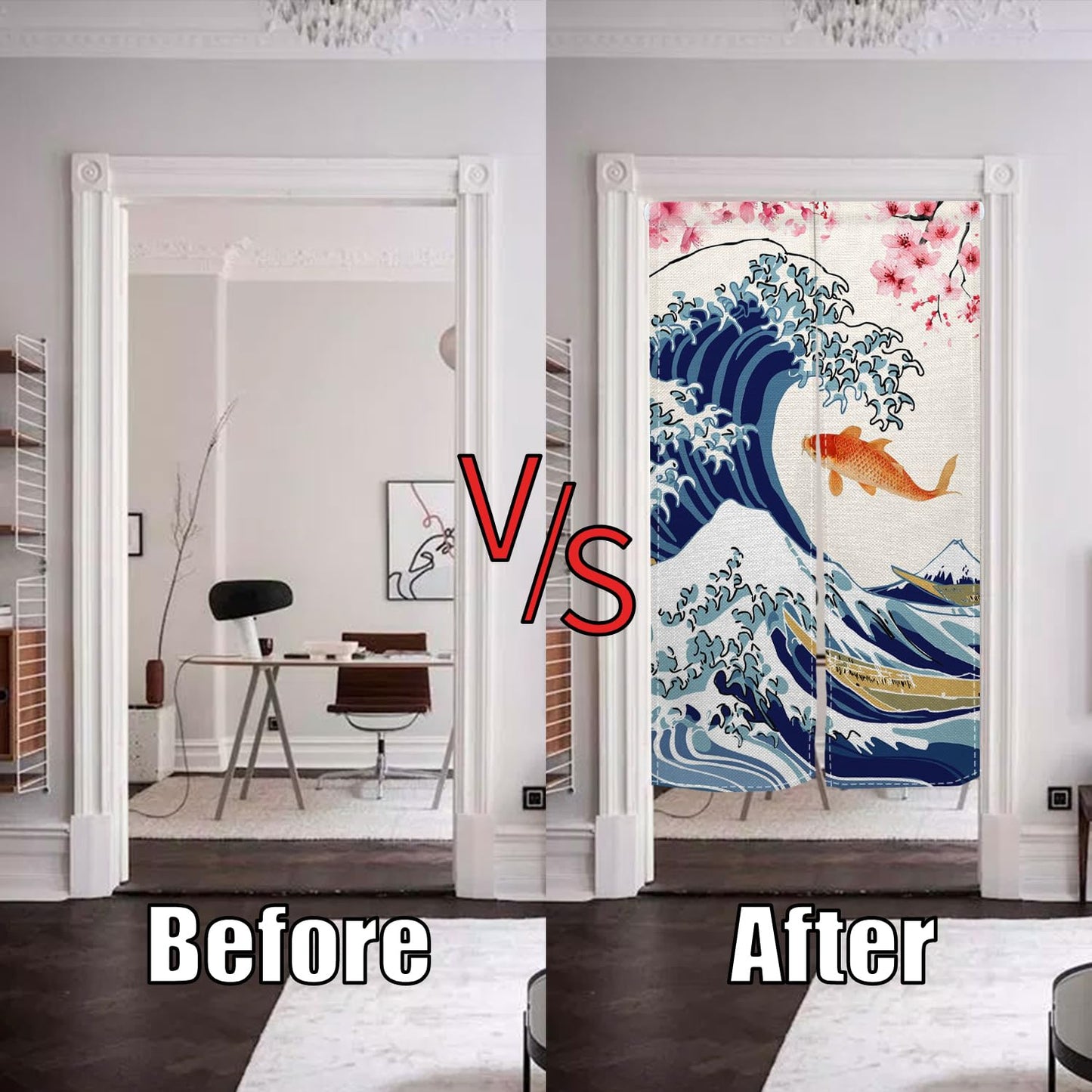 Leowefowa Japanese Traditional Noren Doorway Curtain Long Style Kio Fish Window Treatment Blossom Japanese Noren Curtain for Doorway Tapestry Room Privacy Divider Kitchen Home Decor, 33.5"x 70.9"