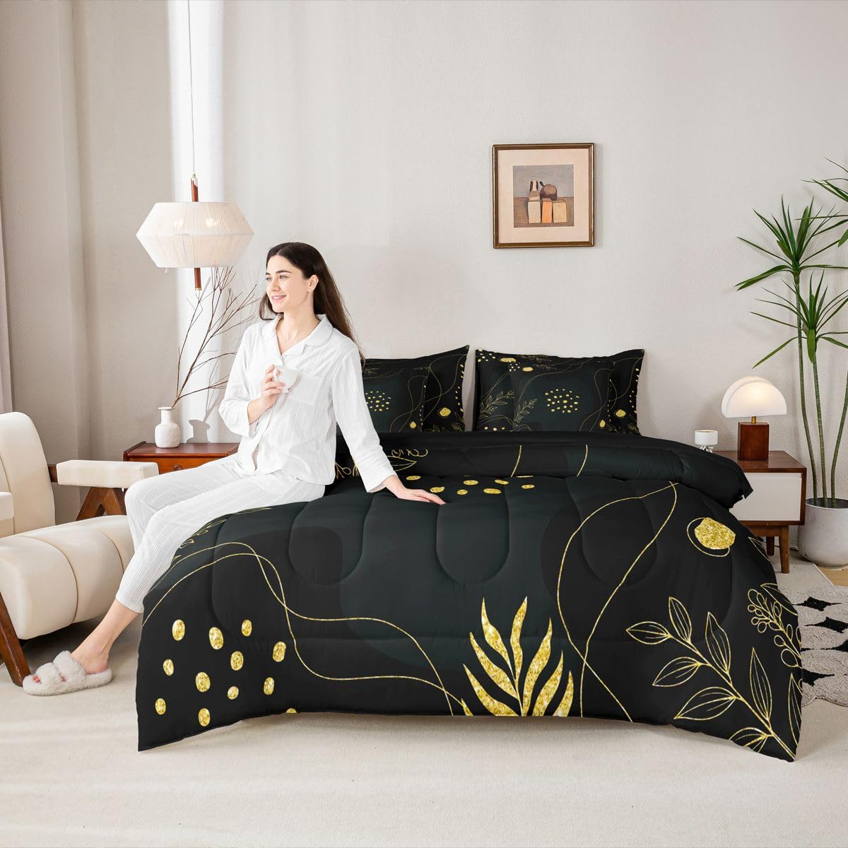 Erosebridal Mid Century Full Size Bed Sheets and Comforter Set Geometric Lines 7 Piece Bedding Set Boho Black Gold Bed in a Bag, Abstract Art Room Decor