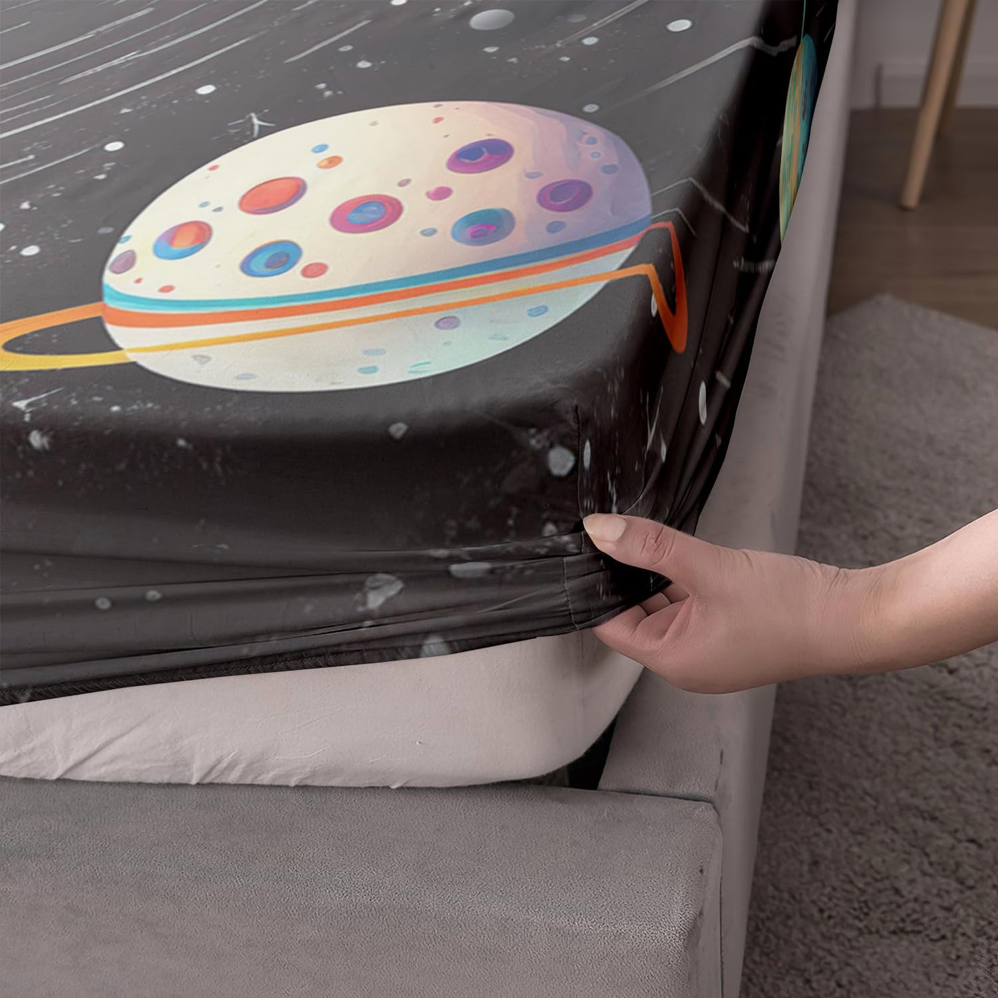 AILONEN Outer Space Fitted Sheet Set Full Size,3D Astronaut Print Bed Sheet Set,Galaxy Bedding Cartoon Planet Rocket Sheet Set 3 Pieces, 1 Fitted Sheet and 2 Pillowcases