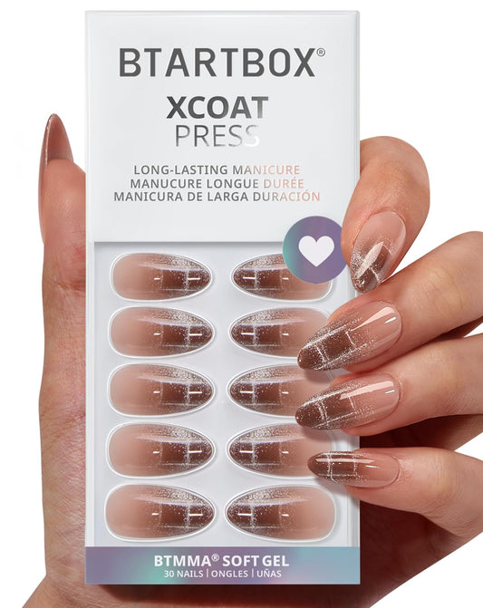 BTArtbox Press On Nails Medium - Plaid Memory, Cat Eye Almond Press On Nails with Glue and Adhesive Tabs for Women, Soft Gel Glue On Nails in 15 Sizes - 30 Stick On Nails Kit