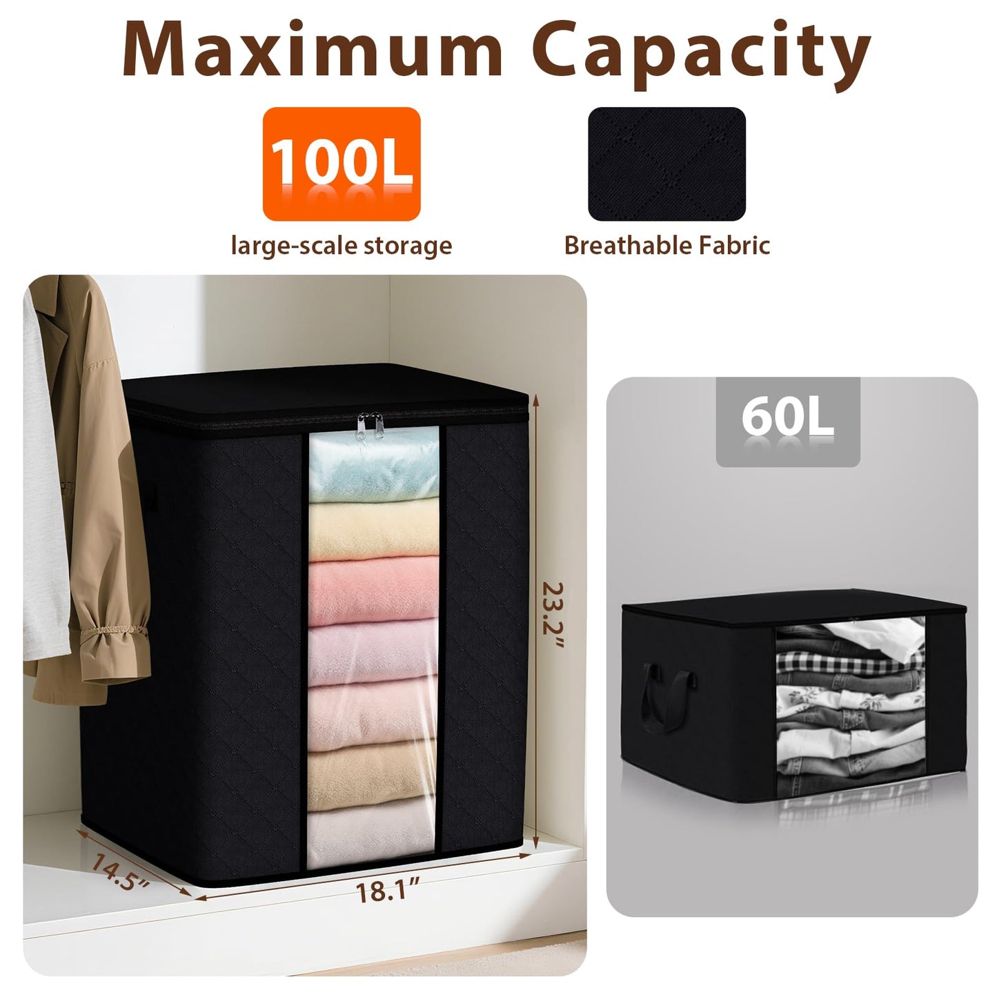 SpaceWhisper 3 Pack 100L Clothes Storage, Foldable Thick Fabric Blanket Storage Bags, Containers for Organizing Bedroom, Closet, Clothing, Comforter,Closet Organization with Handle,Black