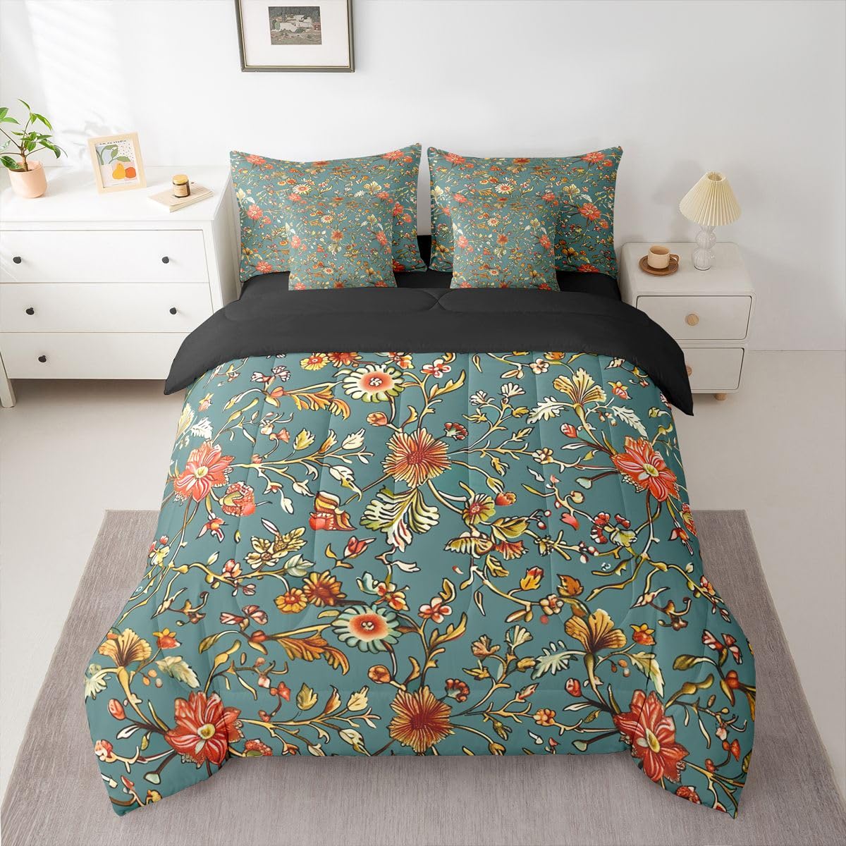 Erosebridal Flowers 7 Piece Bedding Set Twin Abstract Comforter Set with Sheets Botanical Petals Bud Daisy Farmhouse for Kids Boys Girls Hand Drawn Plants Floral Theme Bed in a Bag