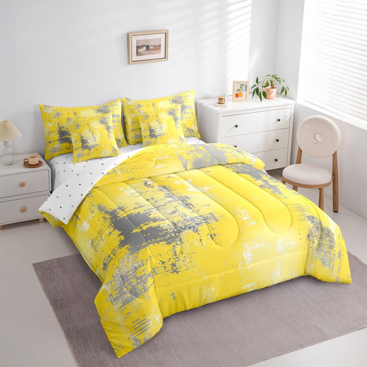 Feelyou Abstract Queen Comforter Set with Sheets for Kids Boys Girls Modern Abstract Art 7 Pieces Bedding Set Yellow Gray Bed in a Bag Luxury Room Decor Geometric Soft Lightweight Microfiber