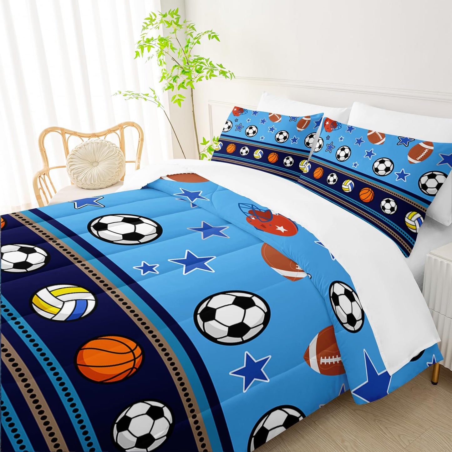 QOOMO Sports 7 Pieces Comforter Set Twin Size,Sports Bedding Set for Kids Teens Girls-Include 1 Comforter,1 Fitted Sheet,1 Flat Sheet,2 Printing Pillowcases and 2 Purple Pillowcases