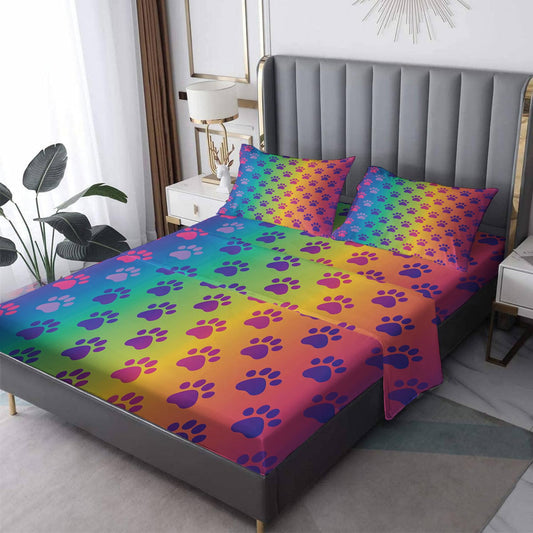 MPNVYU Rainbow Paw Print Sheets Queen Sheet Set, Colorful Pet Lover Bed Sheets, Gradient Paw Bedding Bedroom Decor, Soft Microfiber Deep Pocket Fitted Sheet & Flat Sheet & 2 Pillowcases