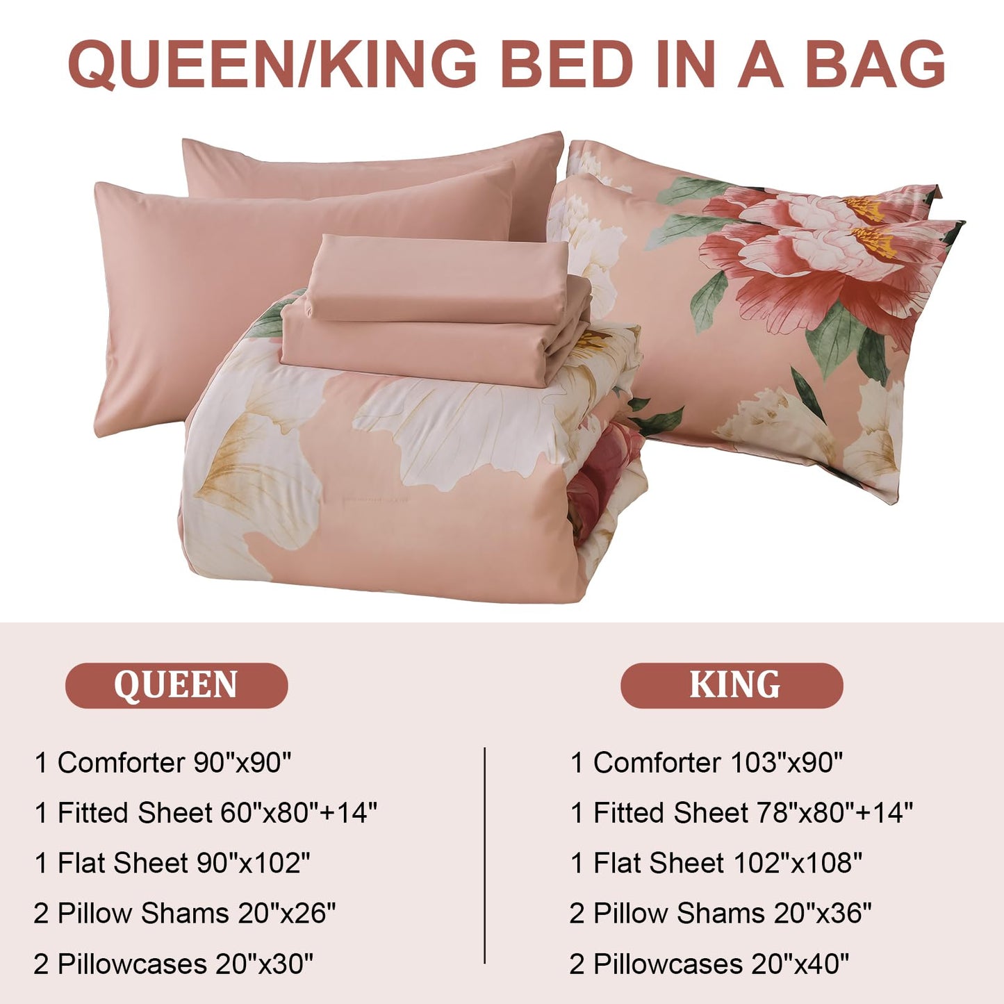 Dobuyly Coral Comforter Set Queen 7 Piece Bed in a Bag for Girls Women, Coral Pink Floral Bedding Set, Soft Microfiber Bed Set with Comforter, Sheets, Pillowcases & Shams