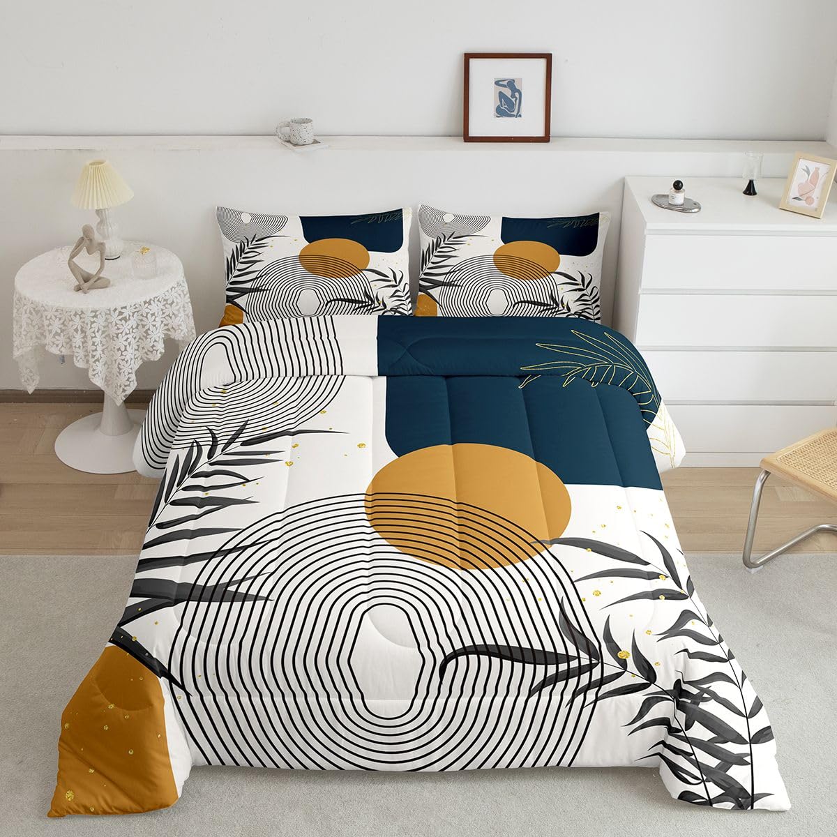 Erosebridal Boho Mid Century Twin Comforter Set, Contemporary Bohemian Minimalist Bedding Set, Abstract Geometric Comforter, Sage Tropical Palm Leaves Retro Elegant Zen Quilt for Kids Teens Adults