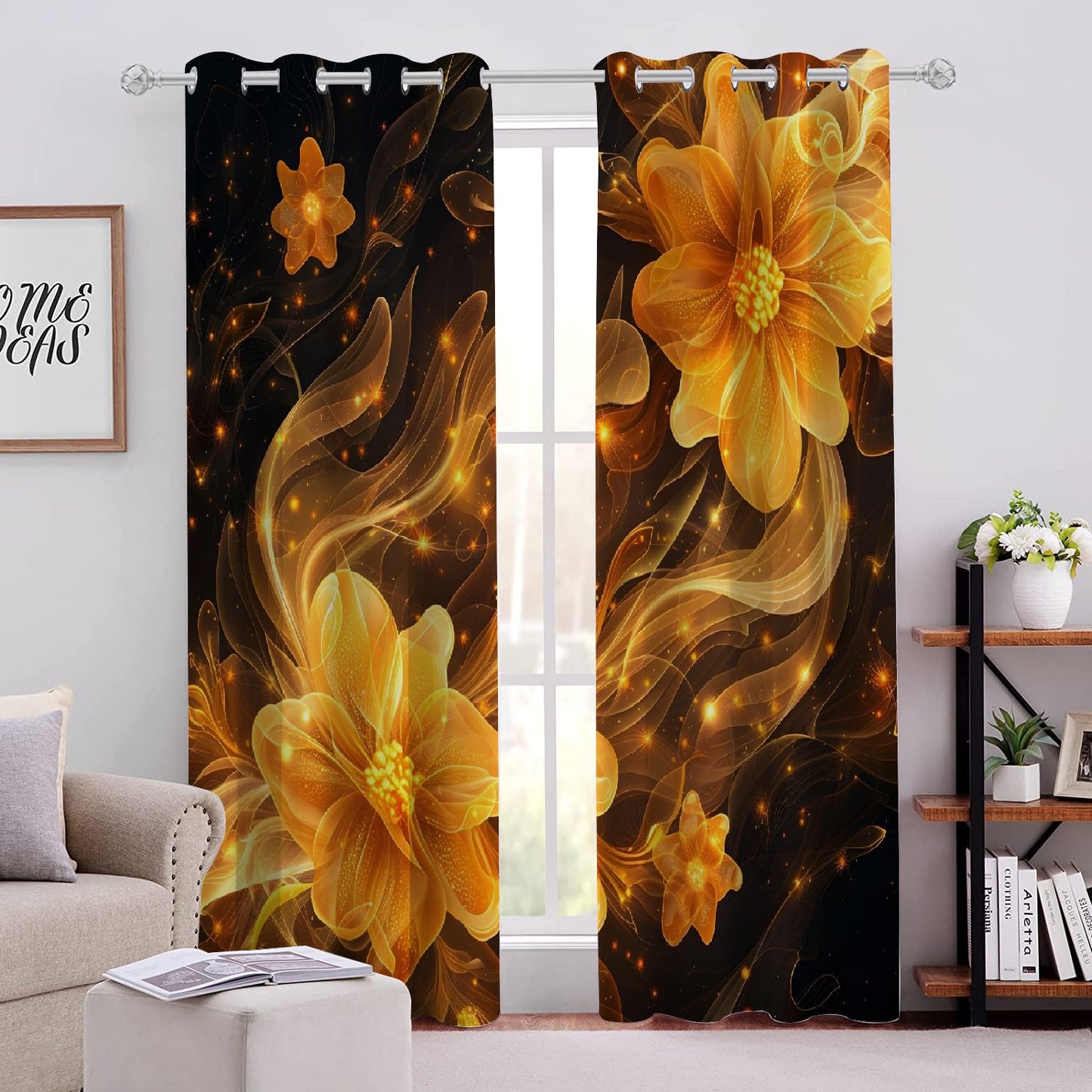 Abstract Golden Flowers Blackout Curtains, Shiny Background Window Curtain Set of 2 Panels, 3D Printed Energy Saving Noise Reducing Drapes for Bedroom Living Room Decor(84" W x 84 "L)