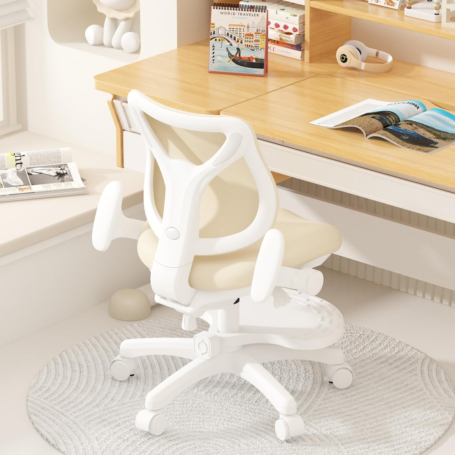 chirvana Kids Desk Chair, Ergonomic Study Chair for Bedroom with Adjustable Footrest, Adjustable Height, Flip-Up Armrests, Mesh Student Chair with Adjustable backrest, Model Deer (Beige)