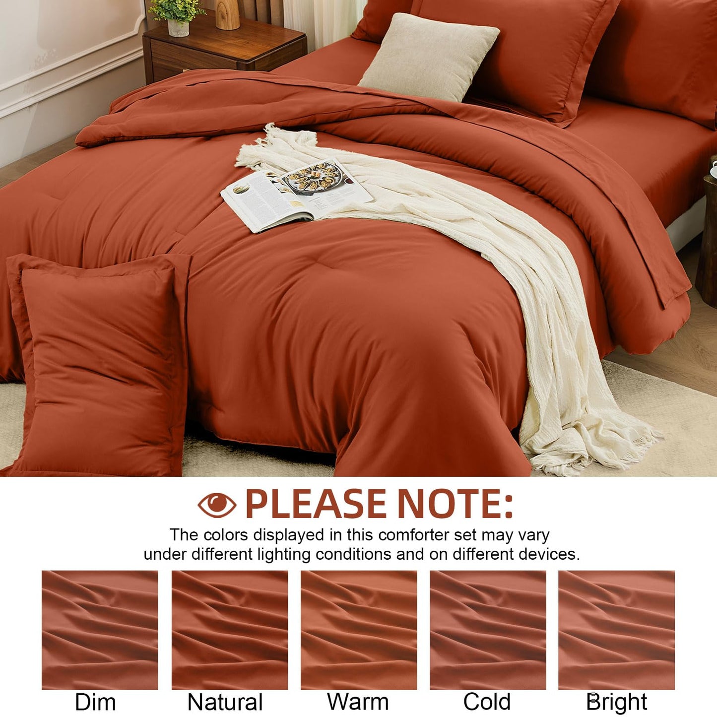 FUANNA King Size Comforter Sets Burnt Orange, 7 Pieces Soft Bedding Set, All Season Lightweight Bed in a Bag with Comforter, Flat Sheet, Fitted Sheet, Pillowcases & Shams